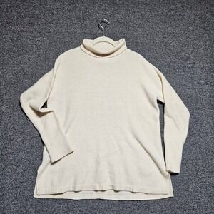 PLY Cashmere Women's M Cream 100% Cashmere Turtleneck Sweater Side Slit Ribbed